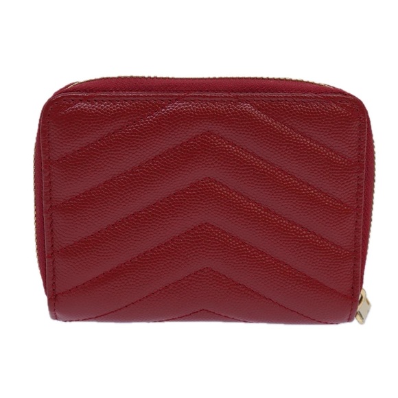 SAINT LAURENT Compact Wallet Leather Red Gold BOW01 Auth 85840 - Picture 2 of 16